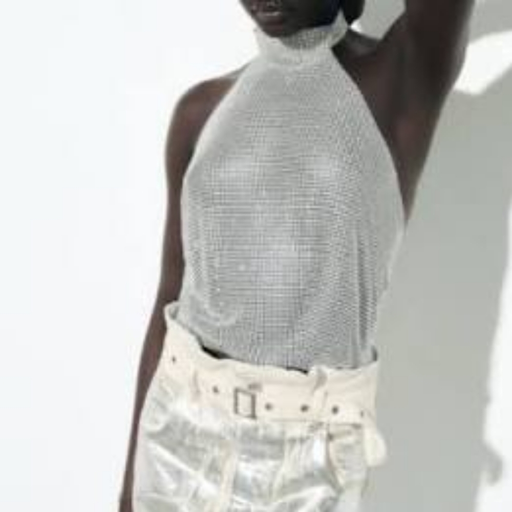 **FLAW** Zara Silver Jewel Rhinestone Mesh Halter Top Backless Medium